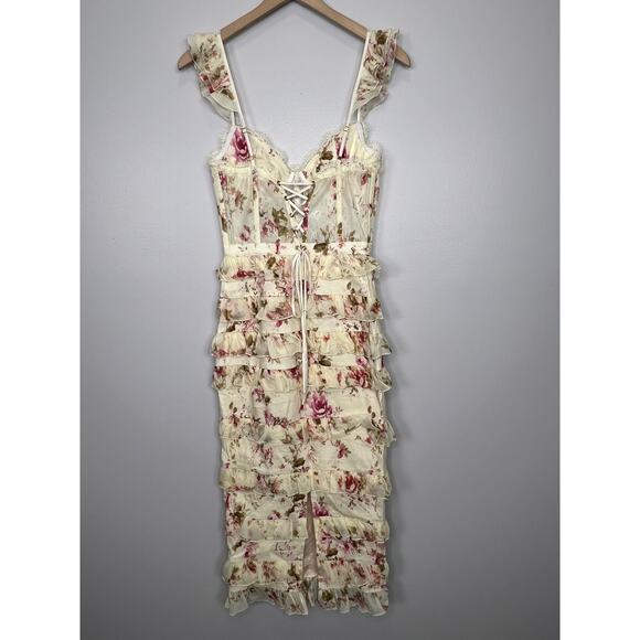 V. Chapman The Fiorenza Dress in English Rose Size 2 Midi Floral Corset Lace - Picture 8 of 13